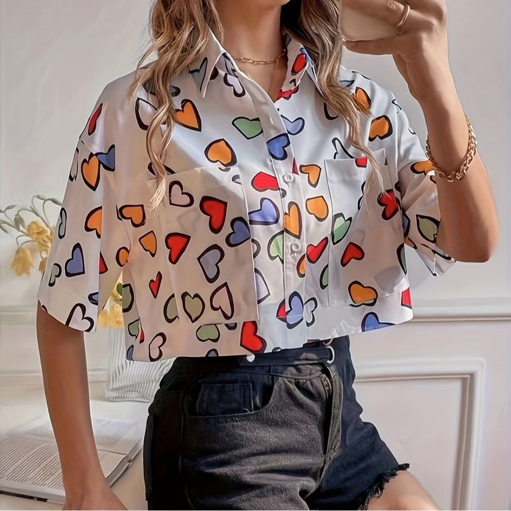 SHEIN Multicolor Heart Print Button Down Shirt/ Size S/good Condition